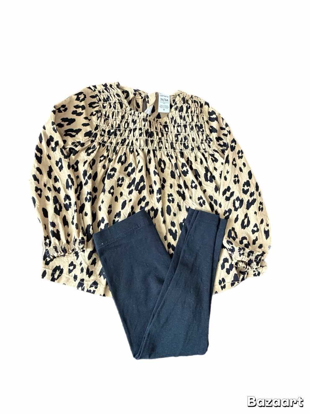 Toddler Girl Carter's Leopard Print Smocked Top with black leggings